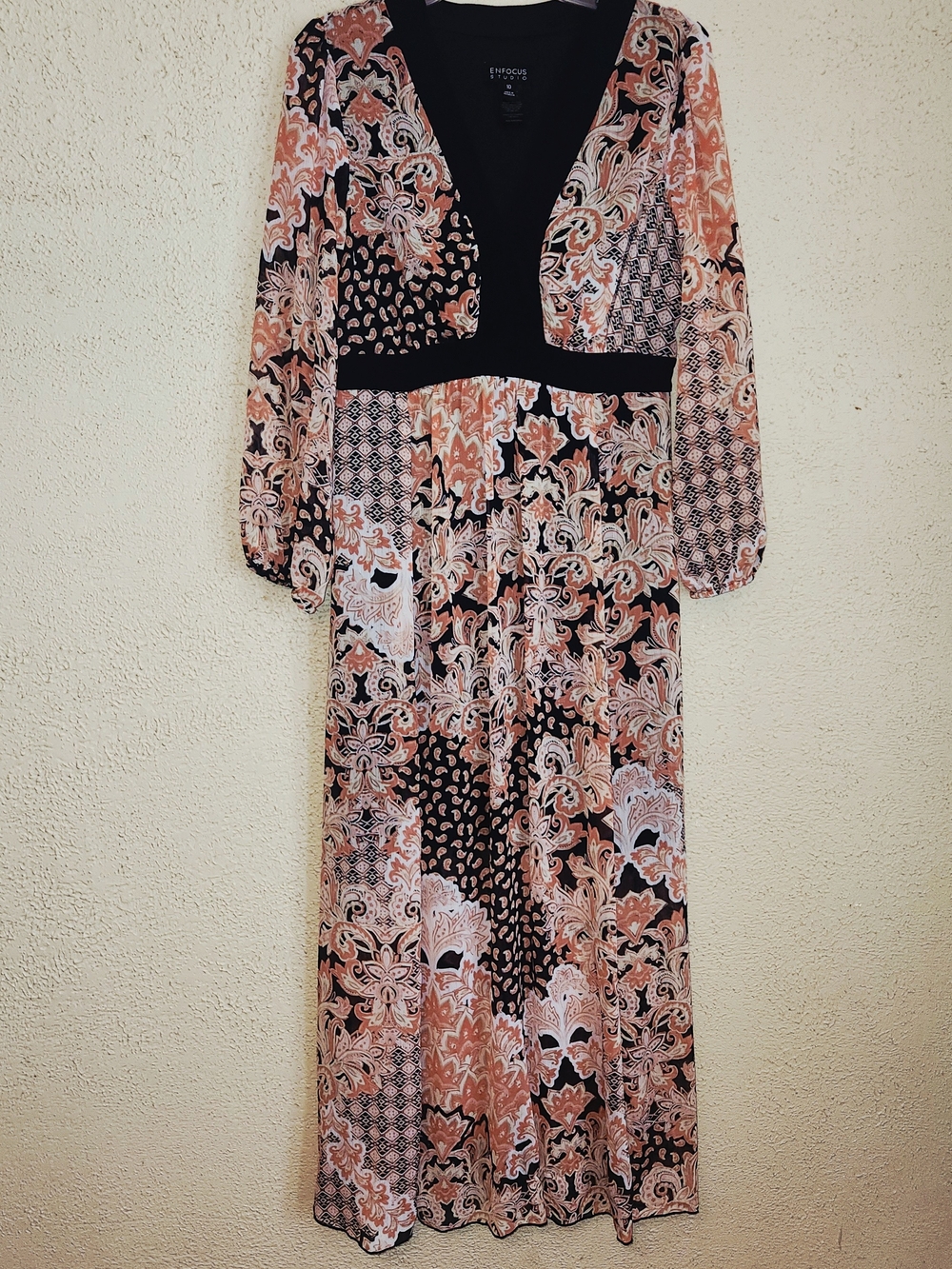 Studio Works Black and Peach Patchwork V‑Neck Maxi Dress With Sheer Overlay